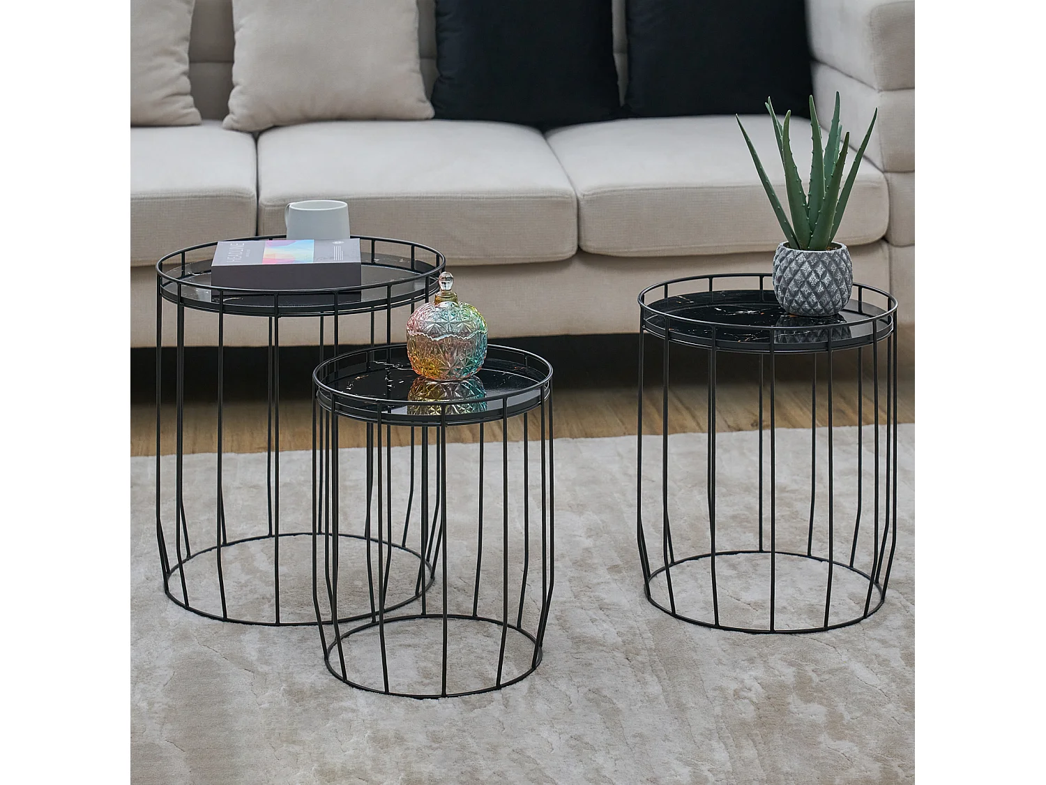 PASI Lot de 3 Tables d'appoint Tables basses Rondes Noires