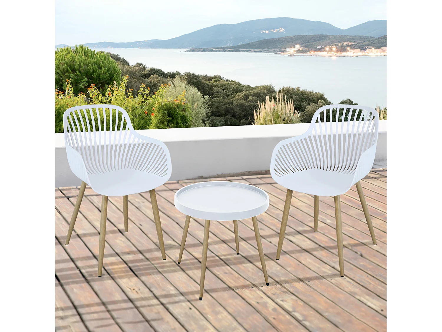 SVITA PHILLY groupe de sièges ensemble de meubles de balcon 3 pièces blanc/aspect bois