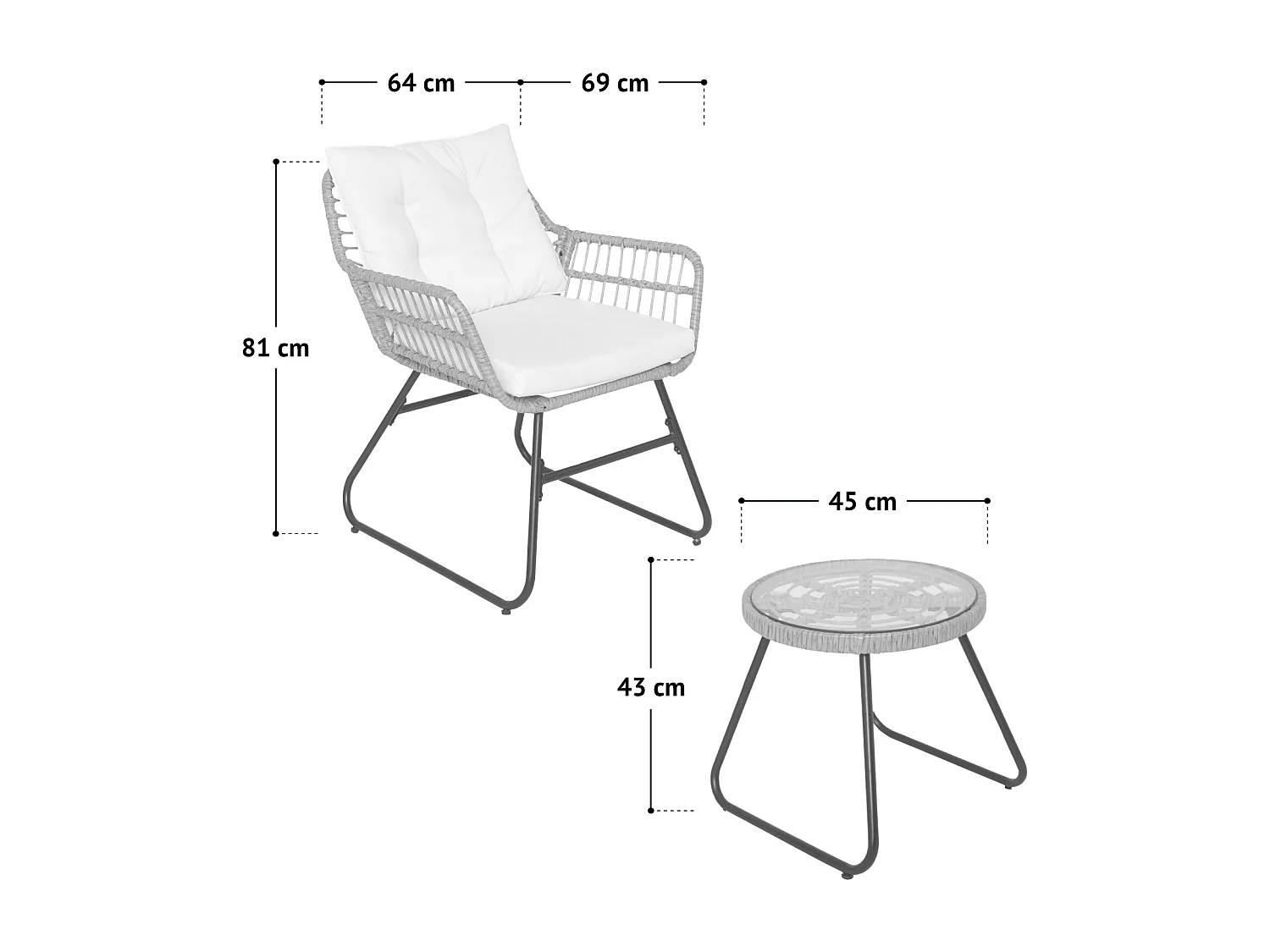 Ensemble salon de jardin en rotin AMALFI pour balcon 2 personnes Gris Clair