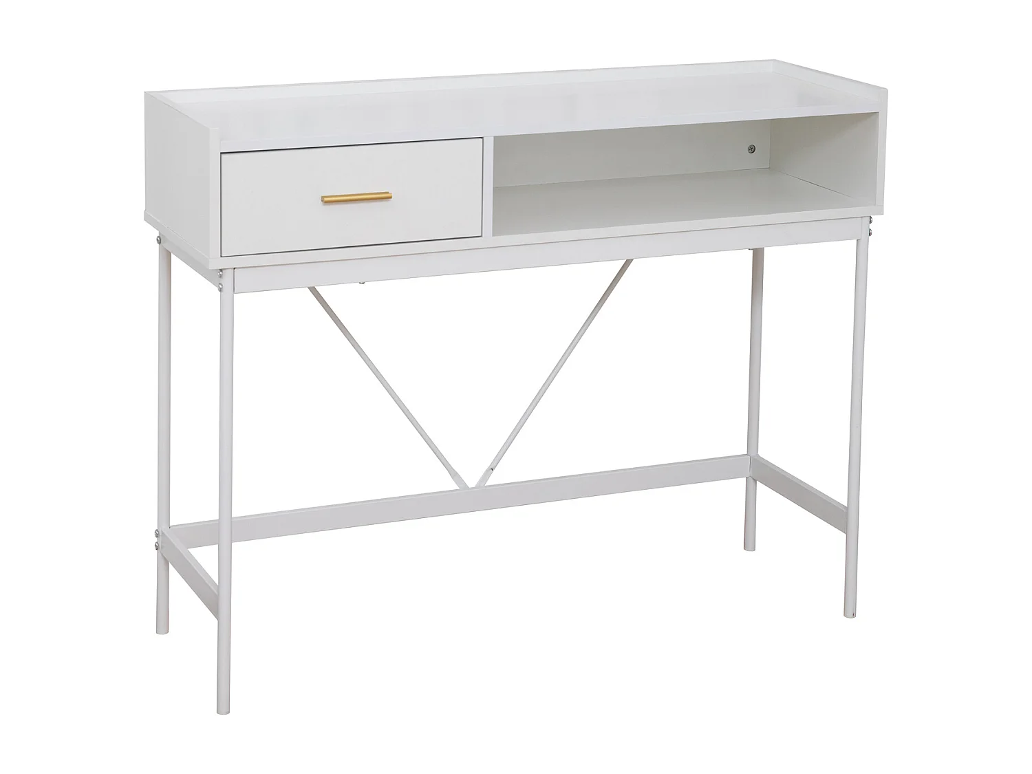 Console VALEO étroite avec étagère sur pied, table d'entrée avec tiroir, blanche