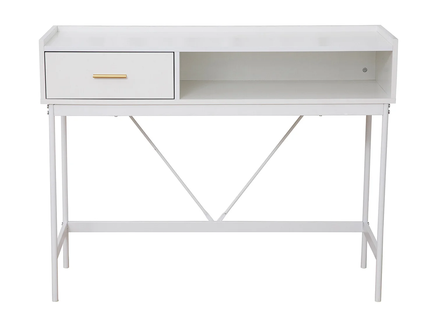 Console VALEO étroite avec étagère sur pied, table d'entrée avec tiroir, blanche