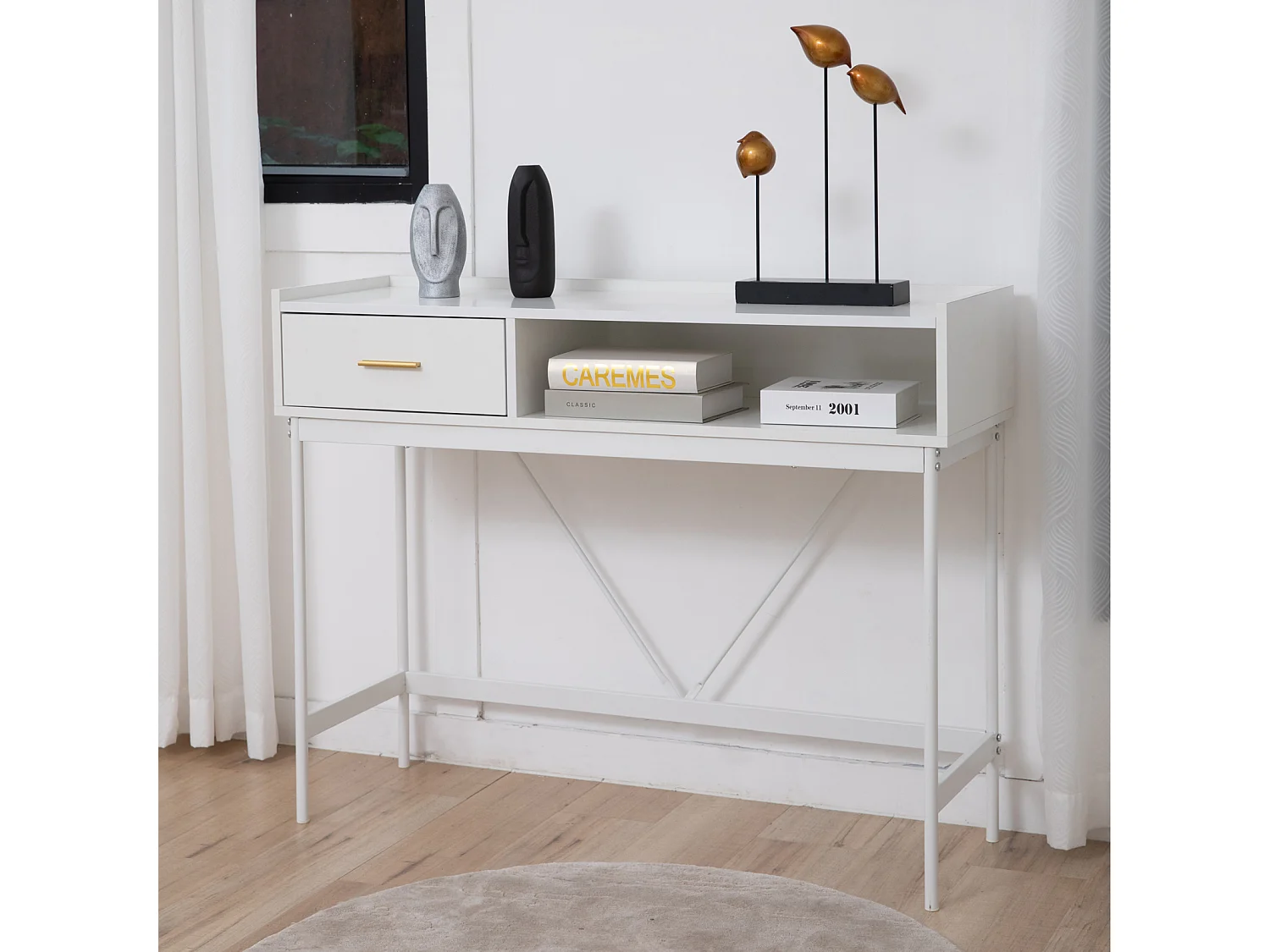 Console VALEO étroite avec étagère sur pied, table d'entrée avec tiroir, blanche