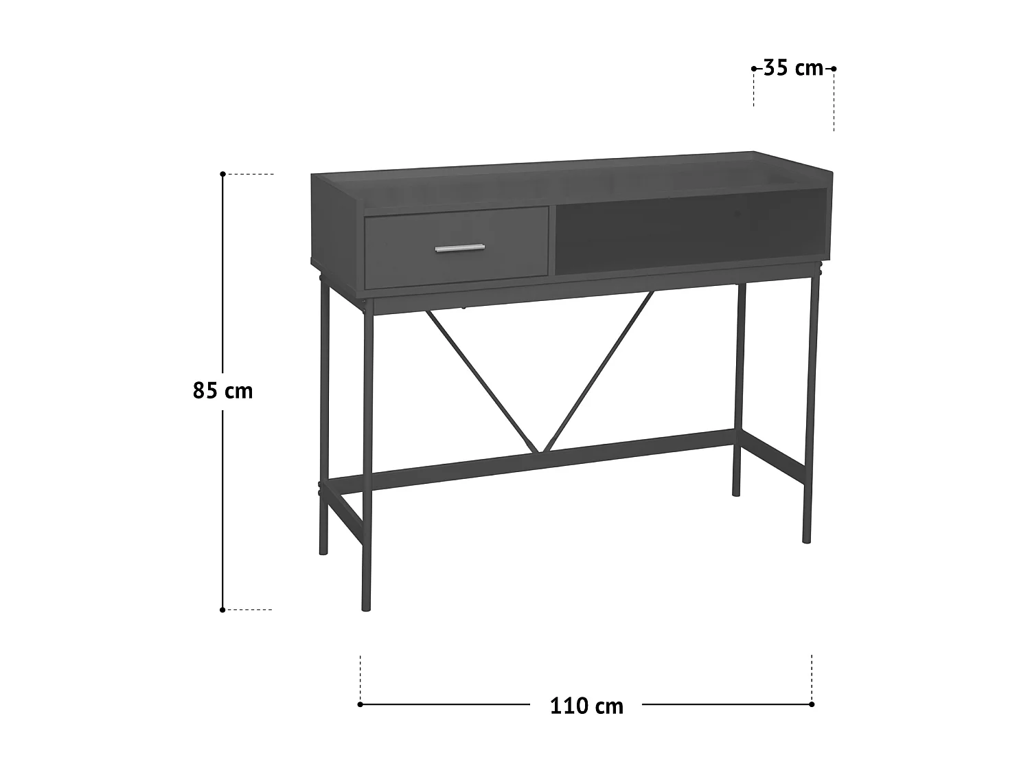 Console VALEO étroite avec étagère sur pied, table d'entrée avec tiroir, blanche