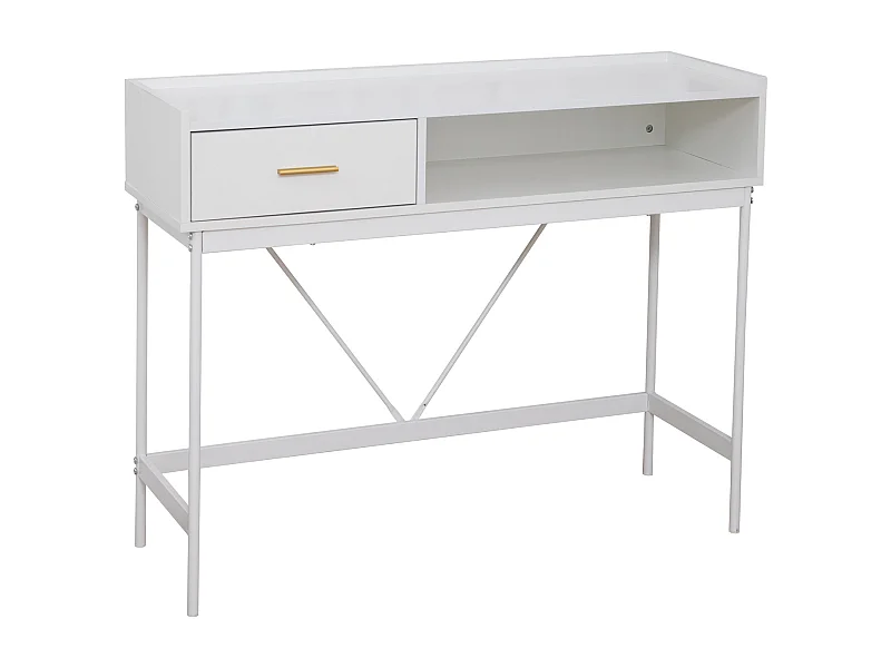 Console VALEO étroite avec étagère sur pied, table d'entrée avec tiroir, blanche