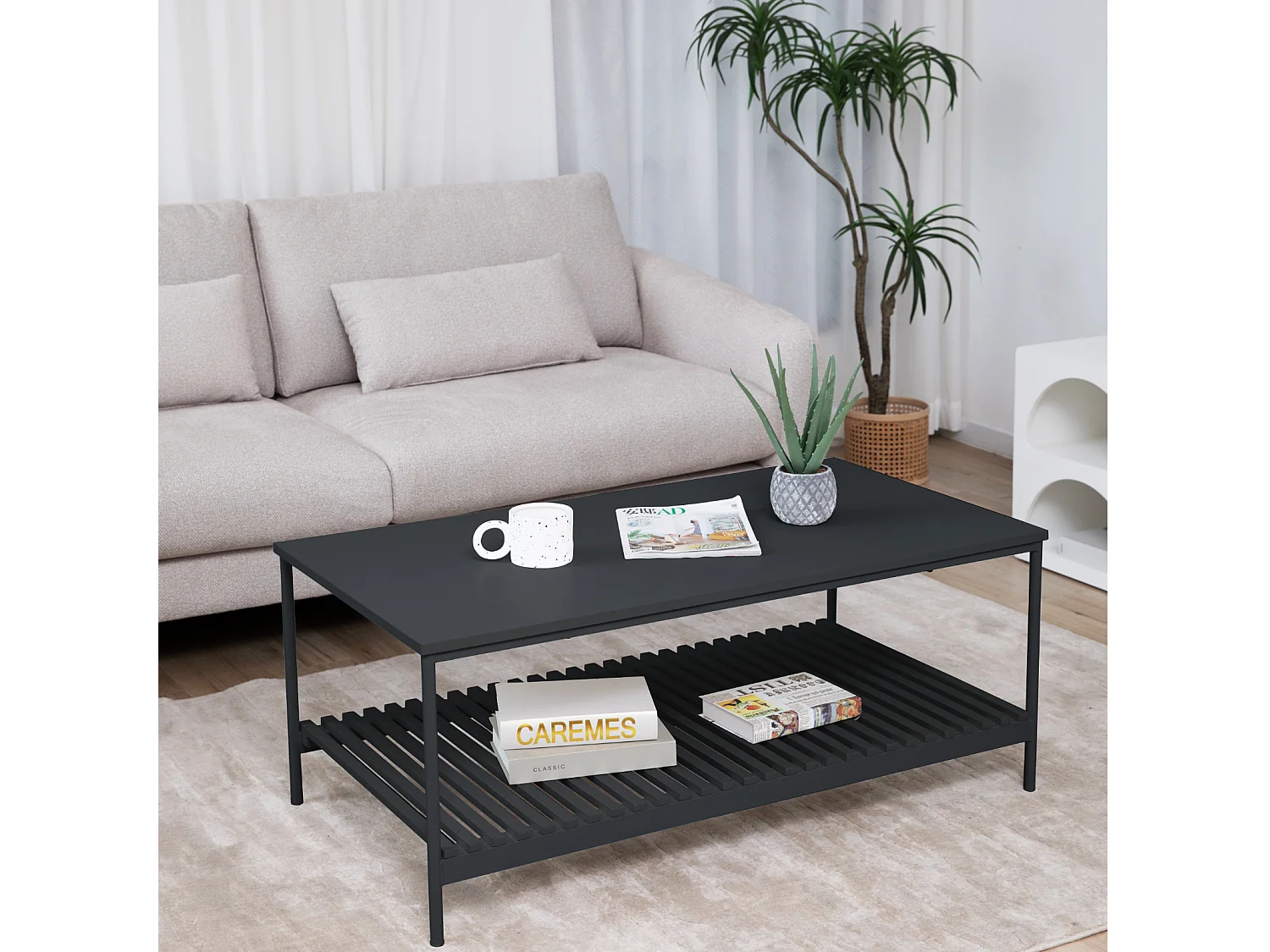 Table basse AMAL Table basse noire Table de salon moderne avec étagère