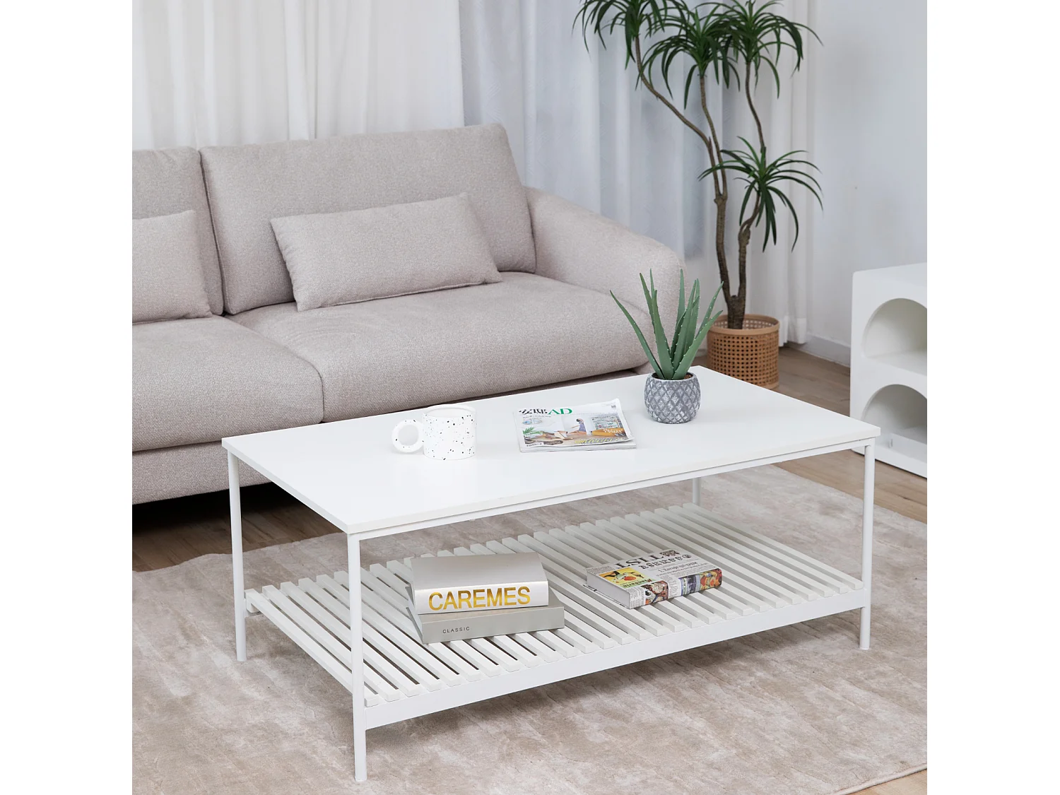 Table basse AMAL Table basse blanche Table de salon moderne avec étagère