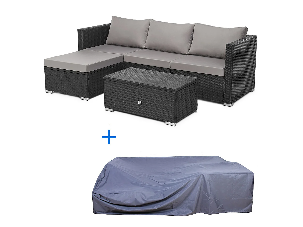 Ensemble de canapés en rotin synthétique QUEENS en noir avec housse