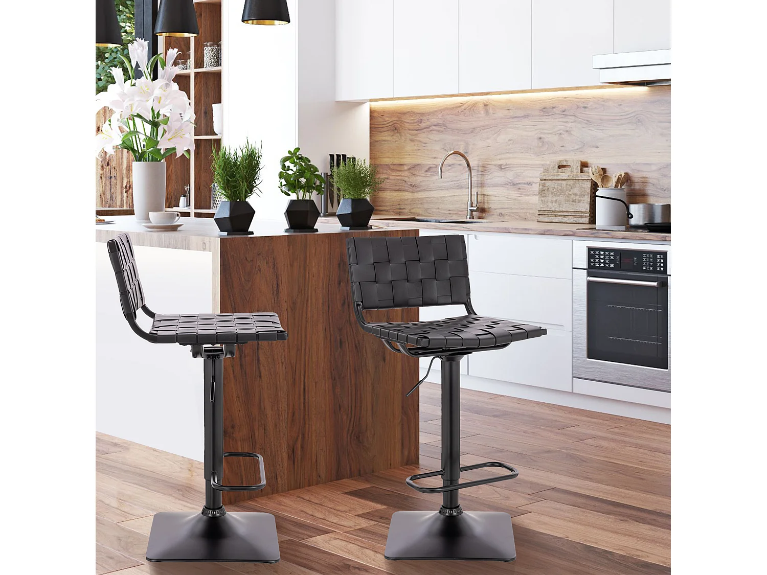 Tabouret de bar COLIN avec dossier, réglable en hauteur, pivotant, simili cuir noir