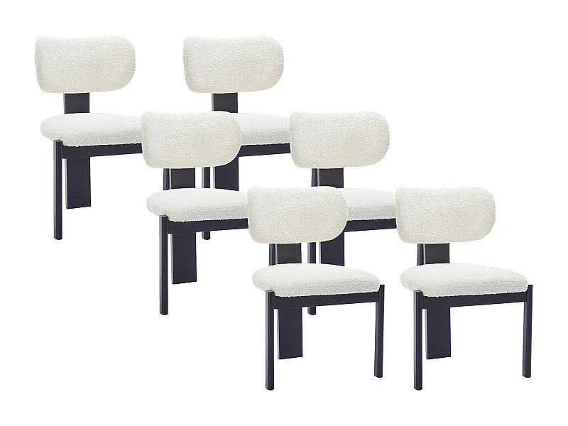 Lot de 6 chaises en tissu bouclette et bois d'hévéa noir - Blanc - WILANA