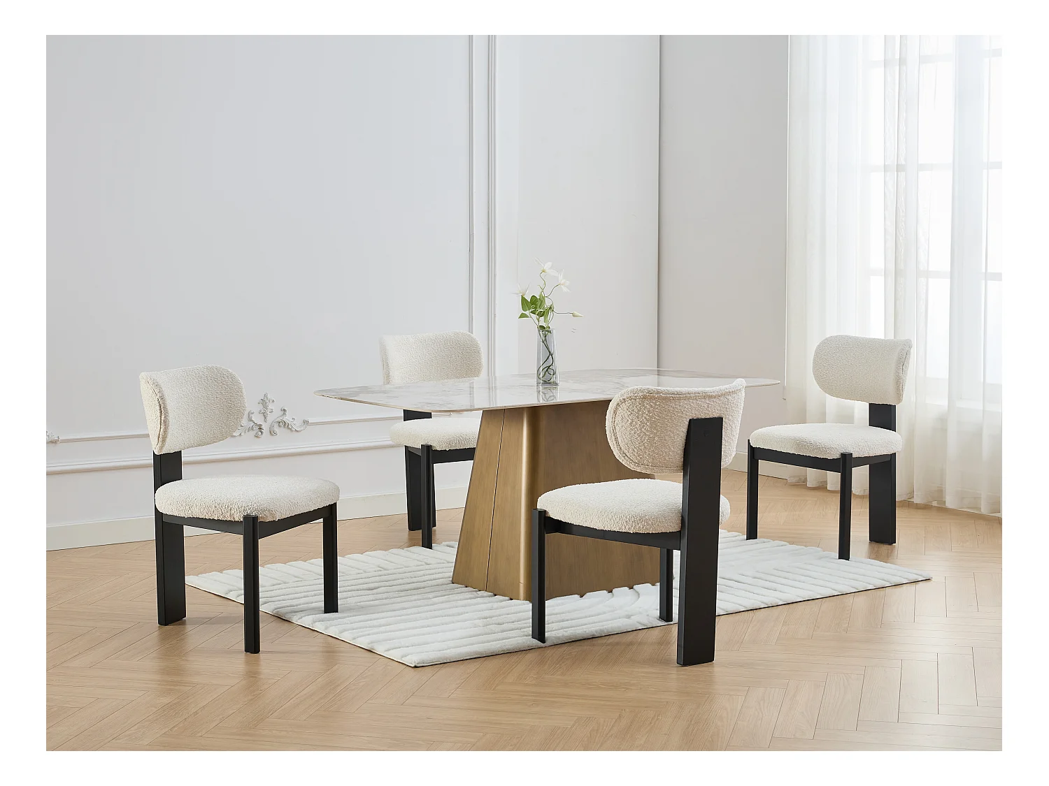 Lot de 6 chaises en tissu bouclette et bois d'hévéa noir - Blanc - WILANA