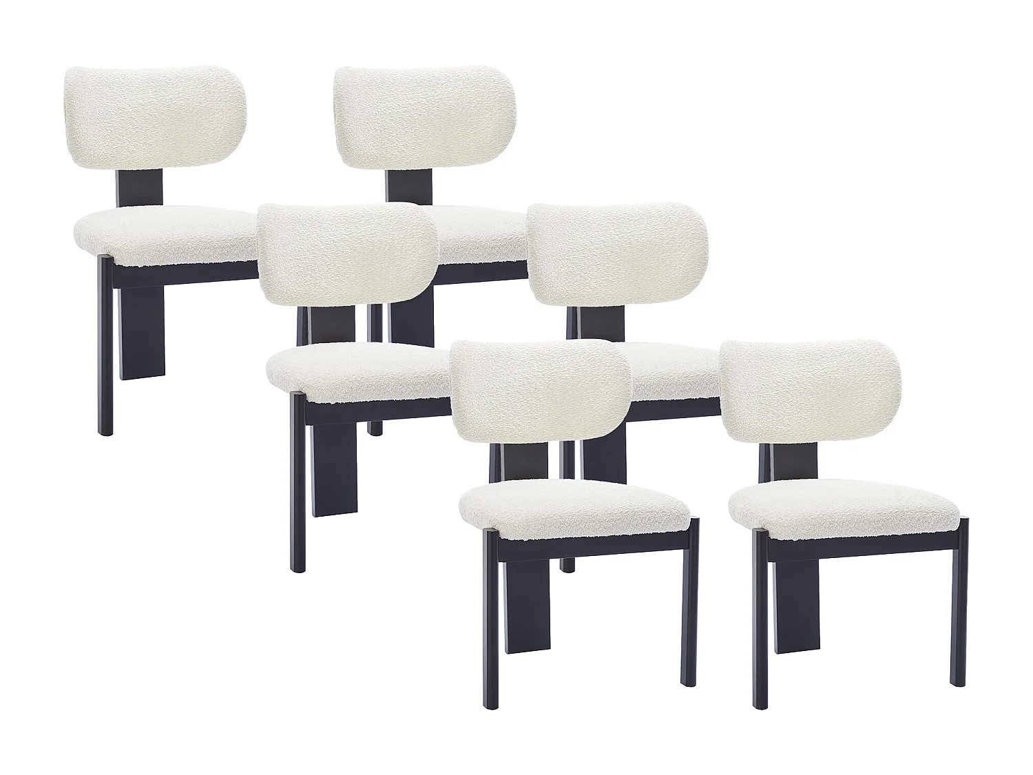 Lot de 6 chaises en tissu bouclette et bois d'hévéa noir - Blanc - WILANA