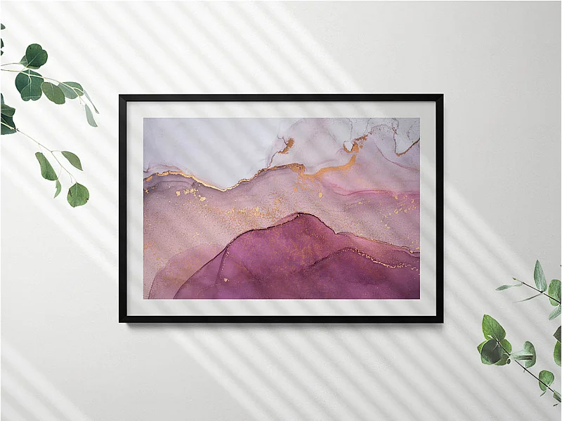 Decoratief schilderij met zwarte lijst, Roze abstractie met goud 100 x 70 cm – Perfect voor de woon- of slaapkamer