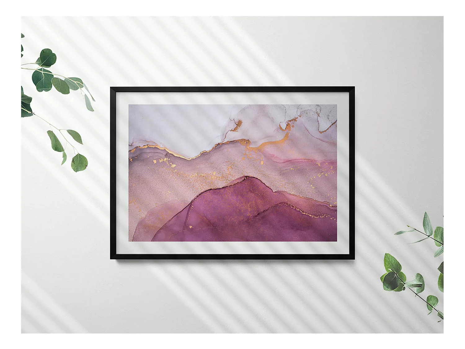 Tableau décoratif avec cadre noir, Abstraction rose avec de l'or 100 x 70 cm– Parfait pour le salon ou la chambre
