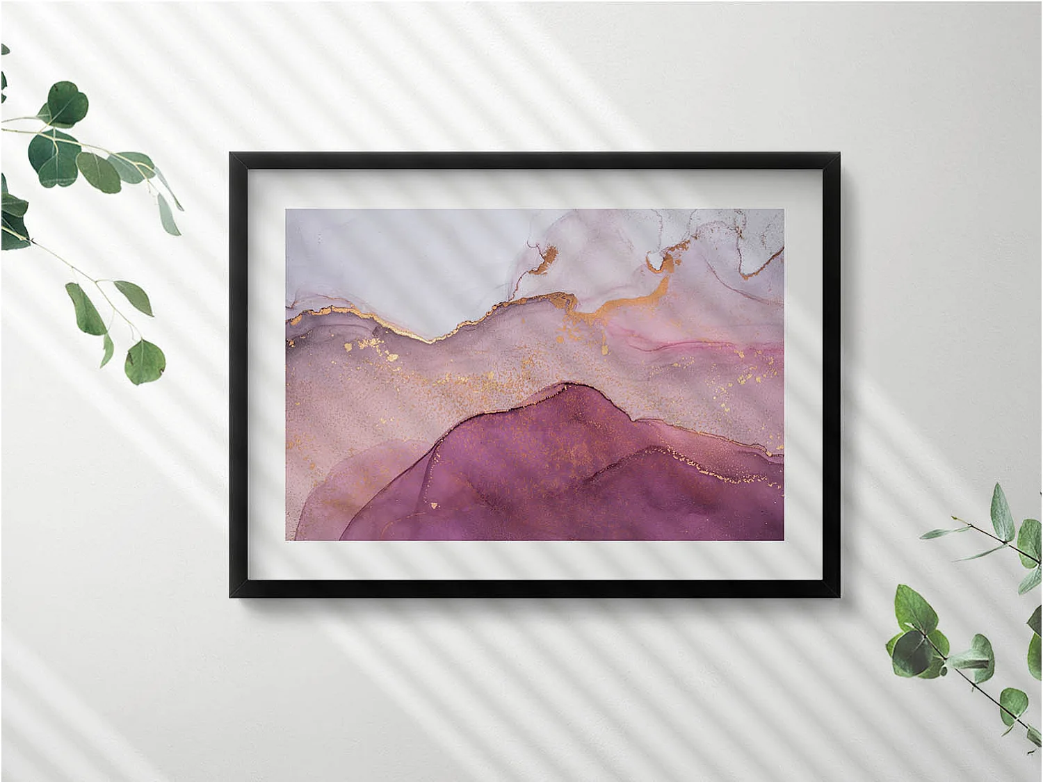 Tableau décoratif avec cadre noir, Abstraction rose avec de l'or 70 x 50 cm– Parfait pour le salon ou la chambre