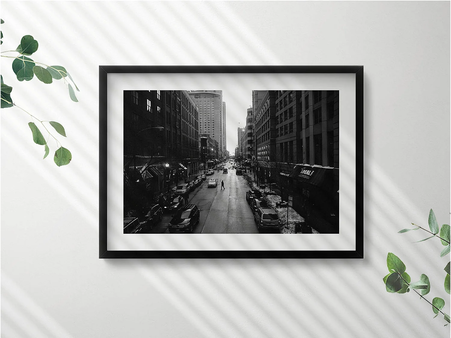 Dekoratives Gemälde mit schwarzem Rahmen, Schwarz-weiße Straßen von Chicago 70 x 50 cm – Perfekt für das Wohn- oder Schlafzimmer