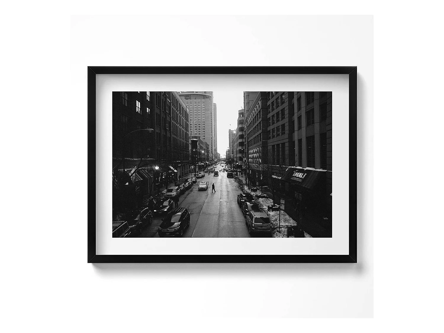 Tableau décoratif avec cadre noir, Rues noires et blanches de Chicago 70 x 50 cm– Parfait pour le salon ou la chambre