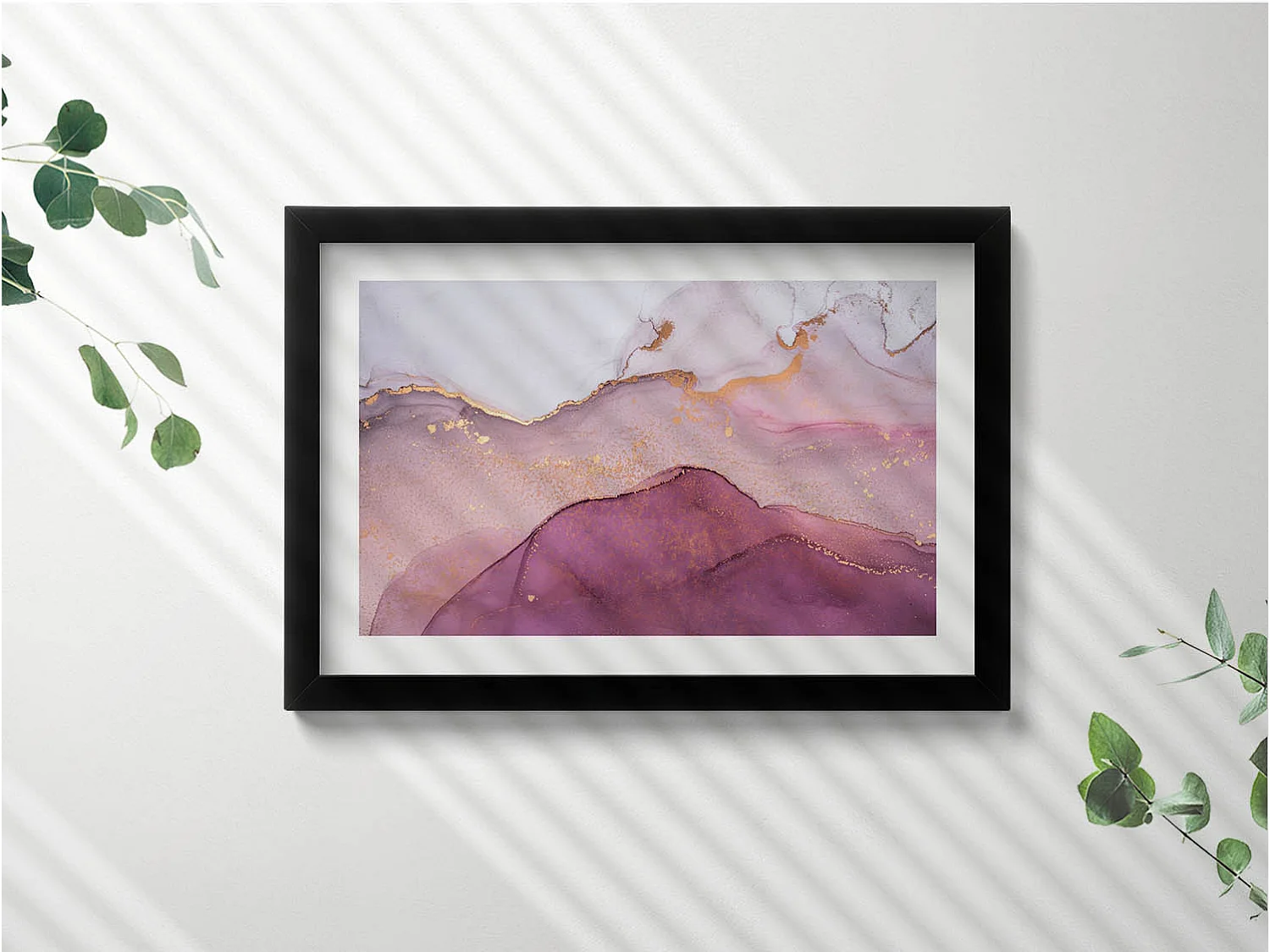 Tableau décoratif avec cadre noir, Abstraction rose avec de l'or 30 x 20 cm – Parfait pour le salon ou la chambre