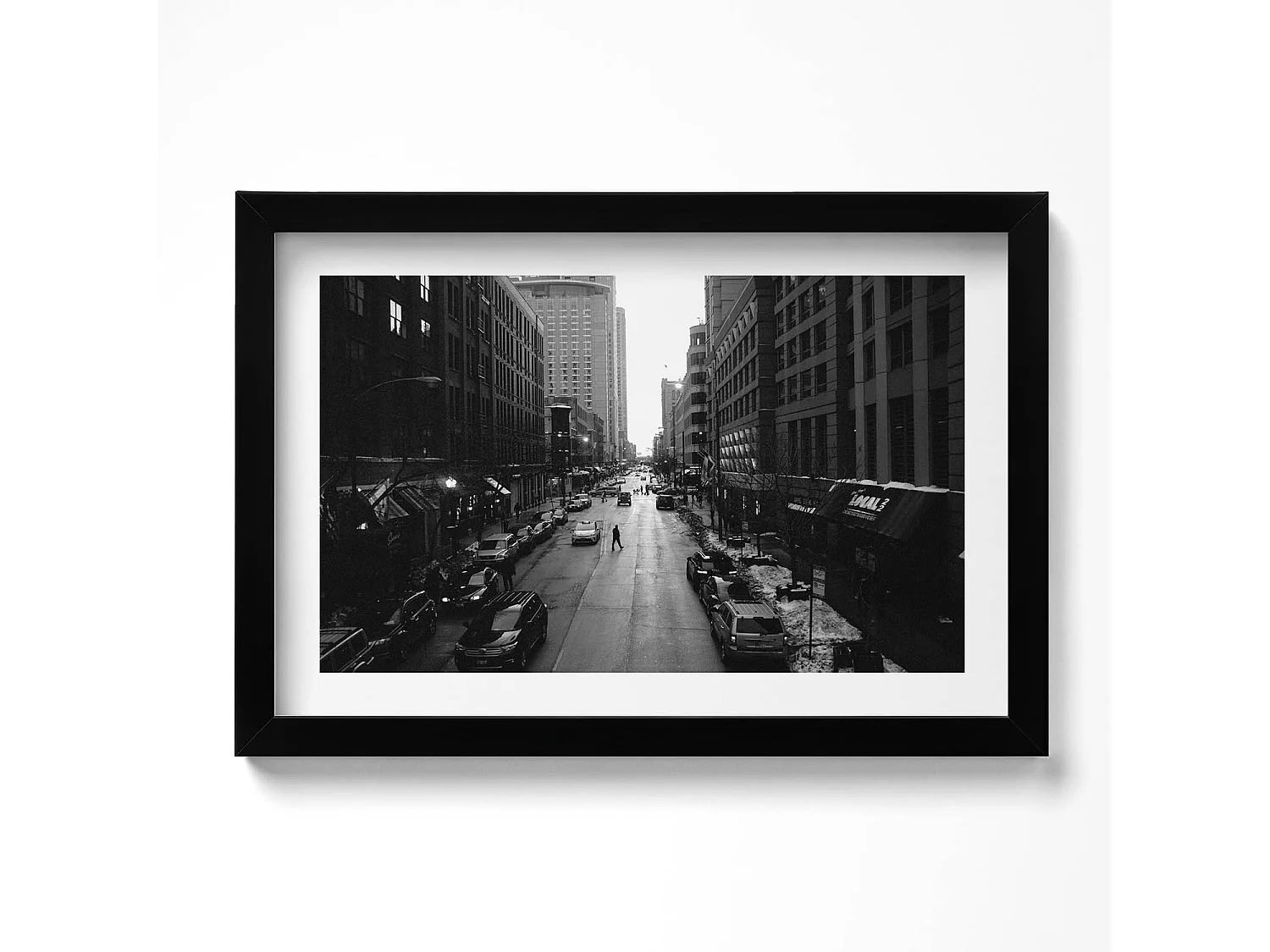 Tableau décoratif avec cadre noir, Rues noires et blanches de Chicago 30 x 20 cm – Parfait pour le salon ou la chambre