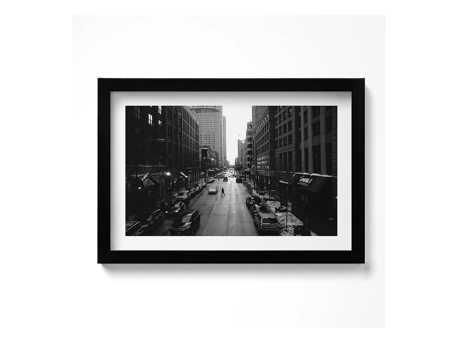 Tableau décoratif avec cadre noir, Rues noires et blanches de Chicago 30 x 20 cm – Parfait pour le salon ou la chambre
