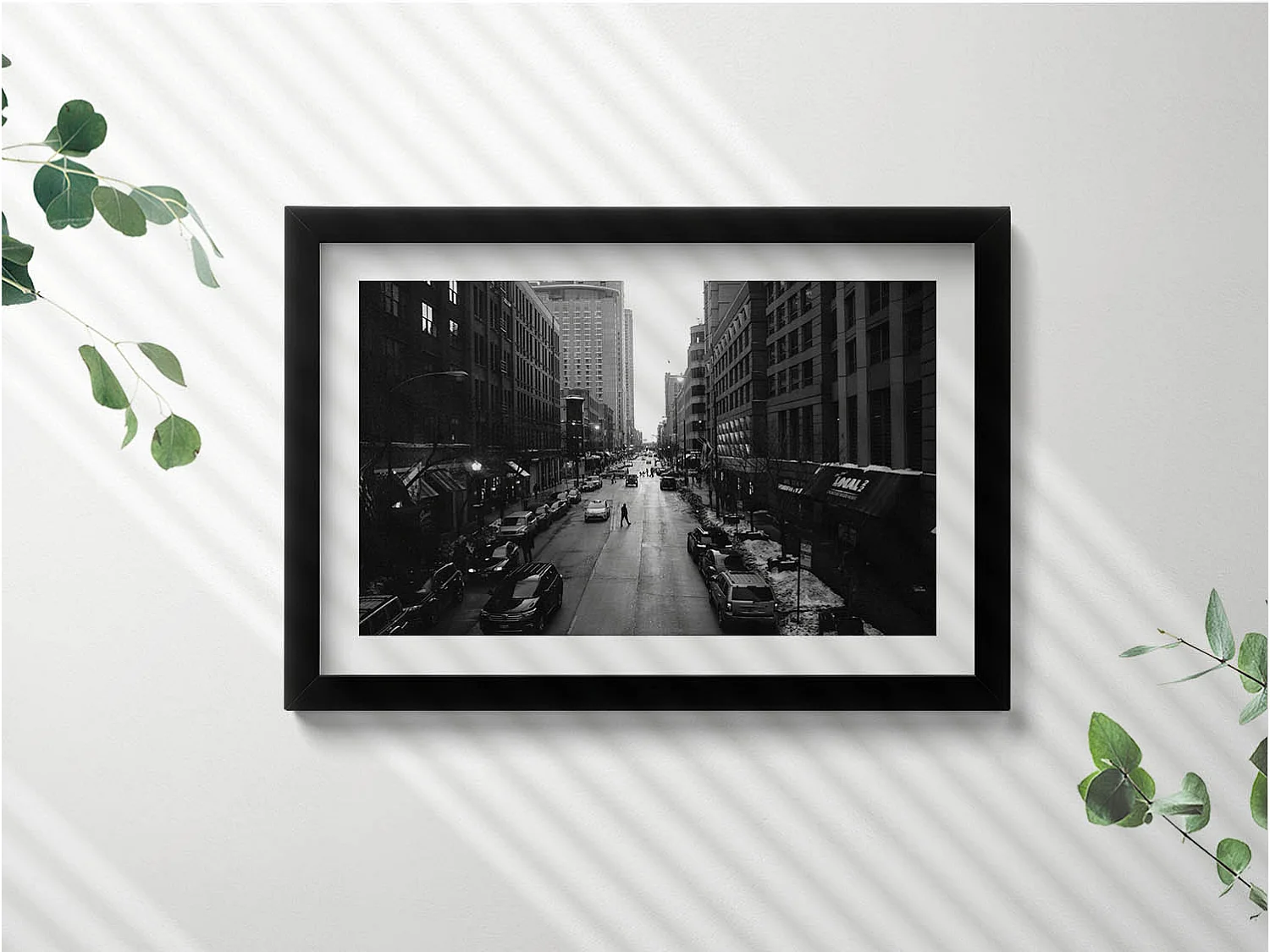 Tableau décoratif avec cadre noir, Rues noires et blanches de Chicago 30 x 20 cm – Parfait pour le salon ou la chambre