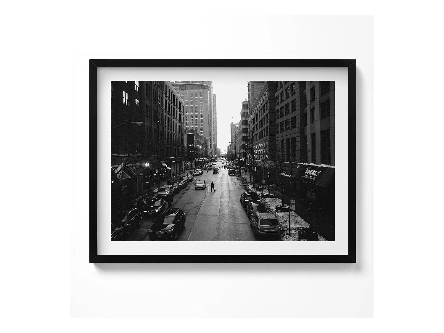 Tableau décoratif avec cadre noir, Rues noires et blanches de Chicago 80 x 60 cm– Parfait pour le salon ou la chambre