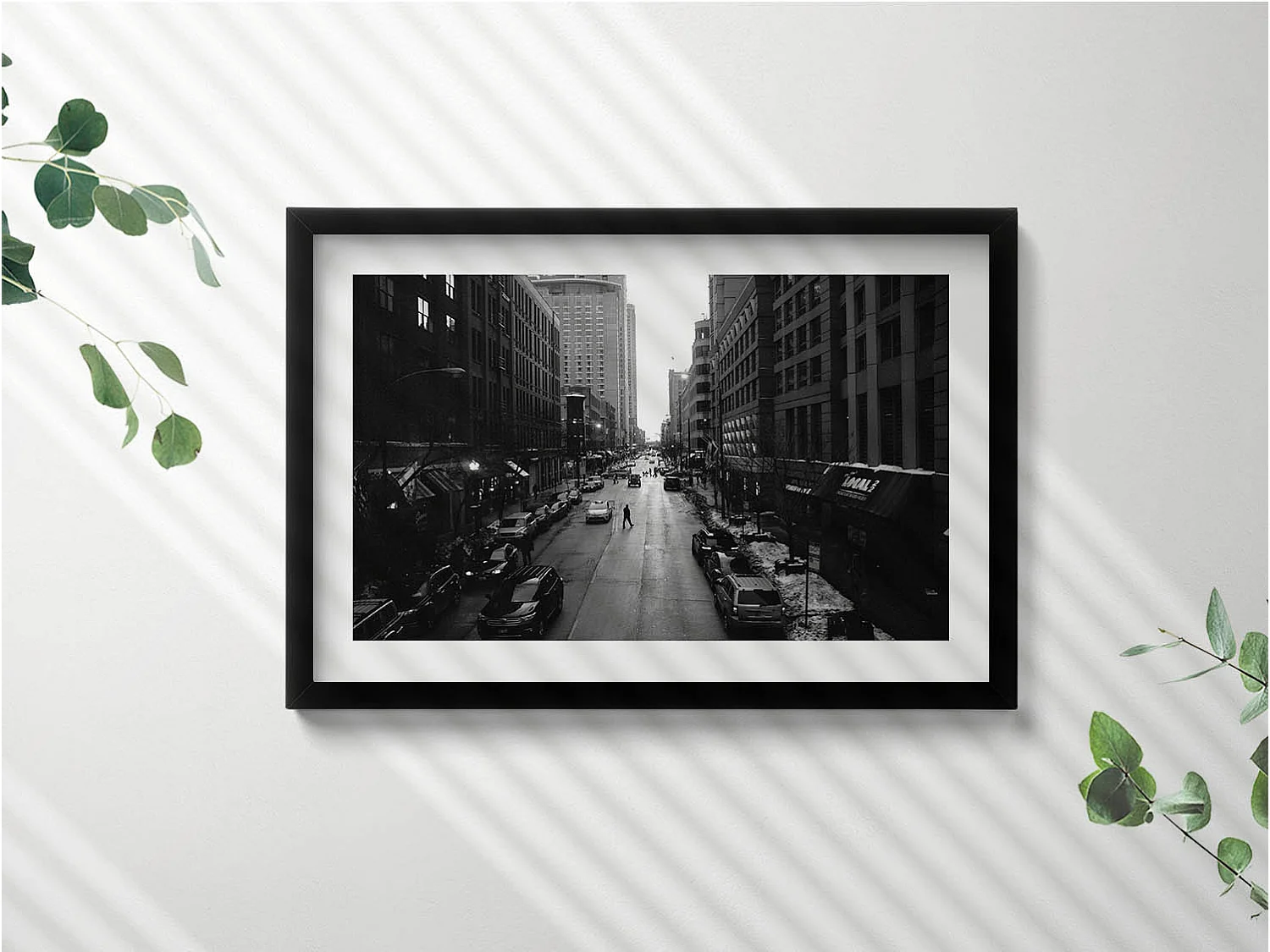 Dekoratives Gemälde mit schwarzem Rahmen, Schwarz-weiße Straßen von Chicago 60 x 40 cm – Perfekt für das Wohn- oder Schlafzimmer