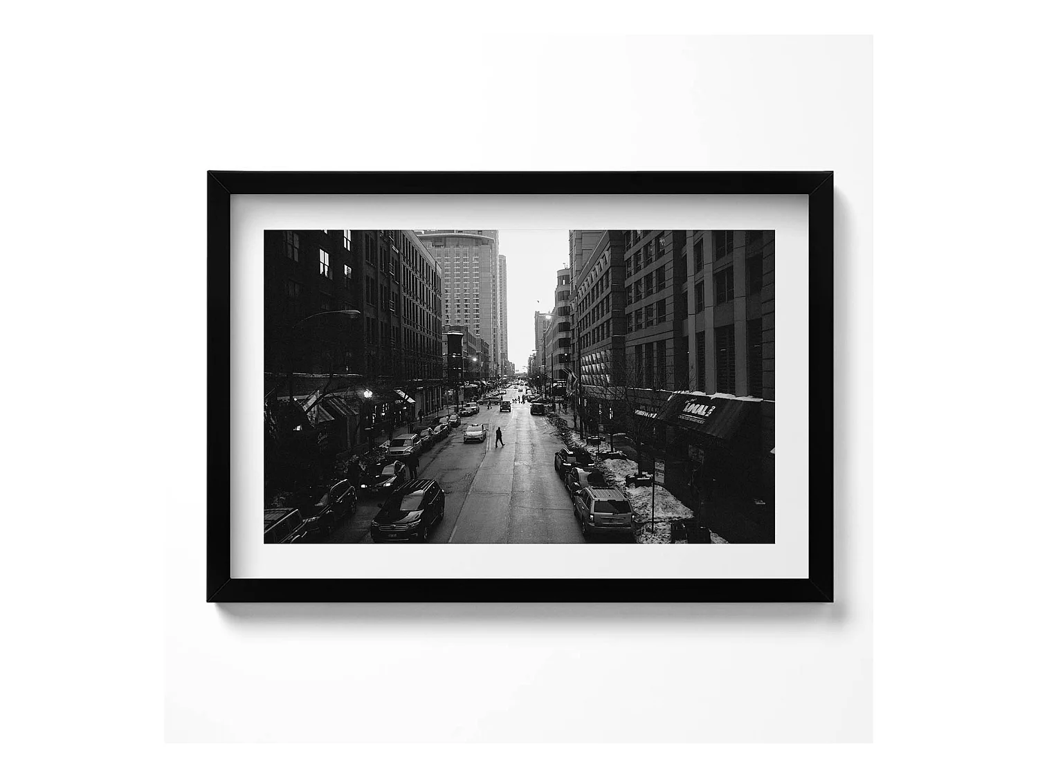 Tableau décoratif avec cadre noir, Rues noires et blanches de Chicago 60 x 40 cm– Parfait pour le salon ou la chambre