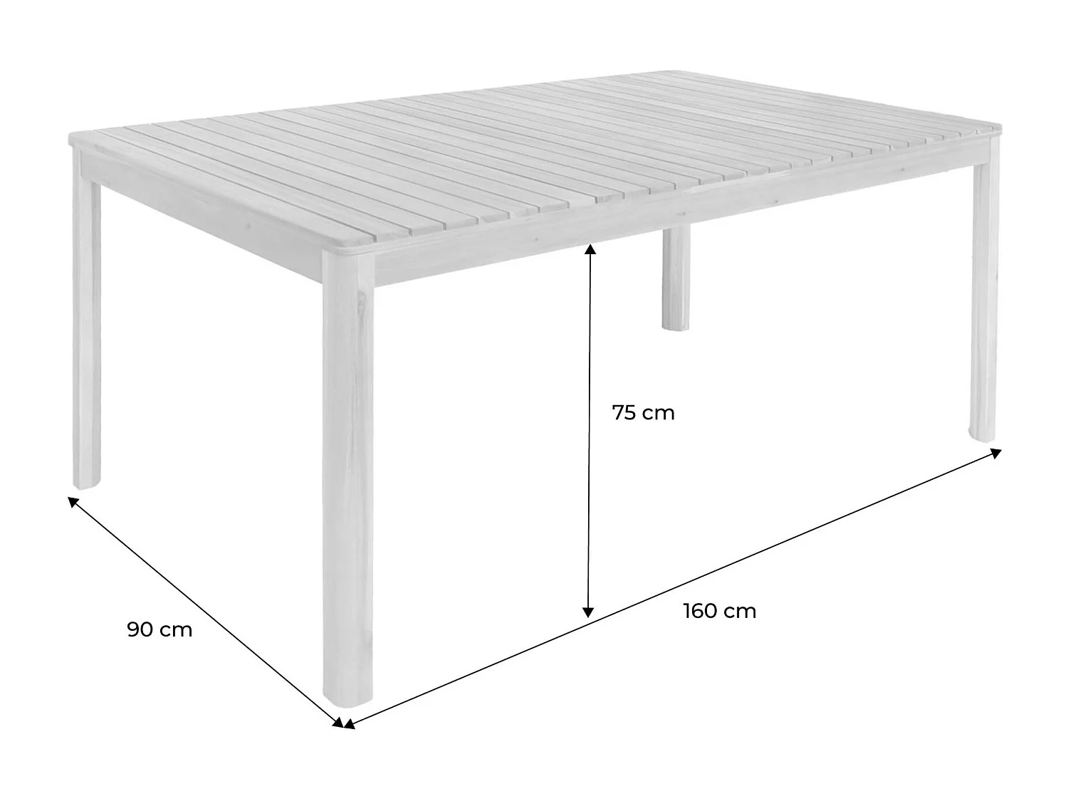 Table de jardin SENORA acacia blanc avec coins arrondis. 8 places. 160 x 90 x 75 cm