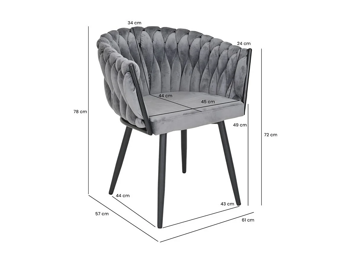 Lot de 2 chaises velours tressé gris anthracite pieds métal - BOWI 2