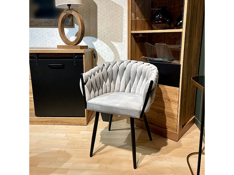 Lot de 2 chaises en velours tressé gris clair et pieds métal - BOWI 2