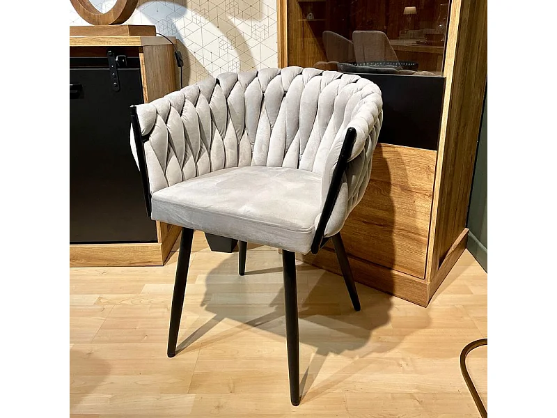 Lot de 2 chaises en velours tressé gris clair et pieds métal - BOWI 2