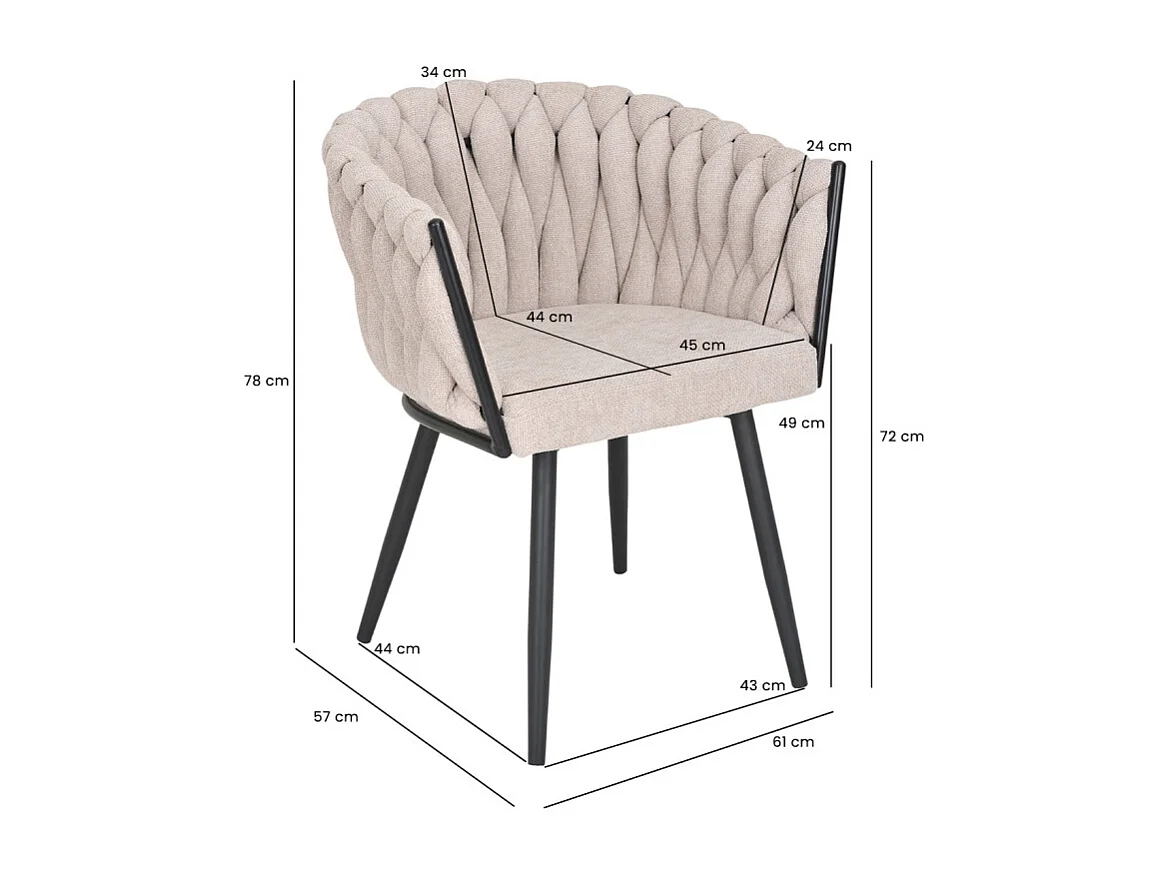 Chaise en tissu maille tressé beige avec pieds métal noir - BOWI 2