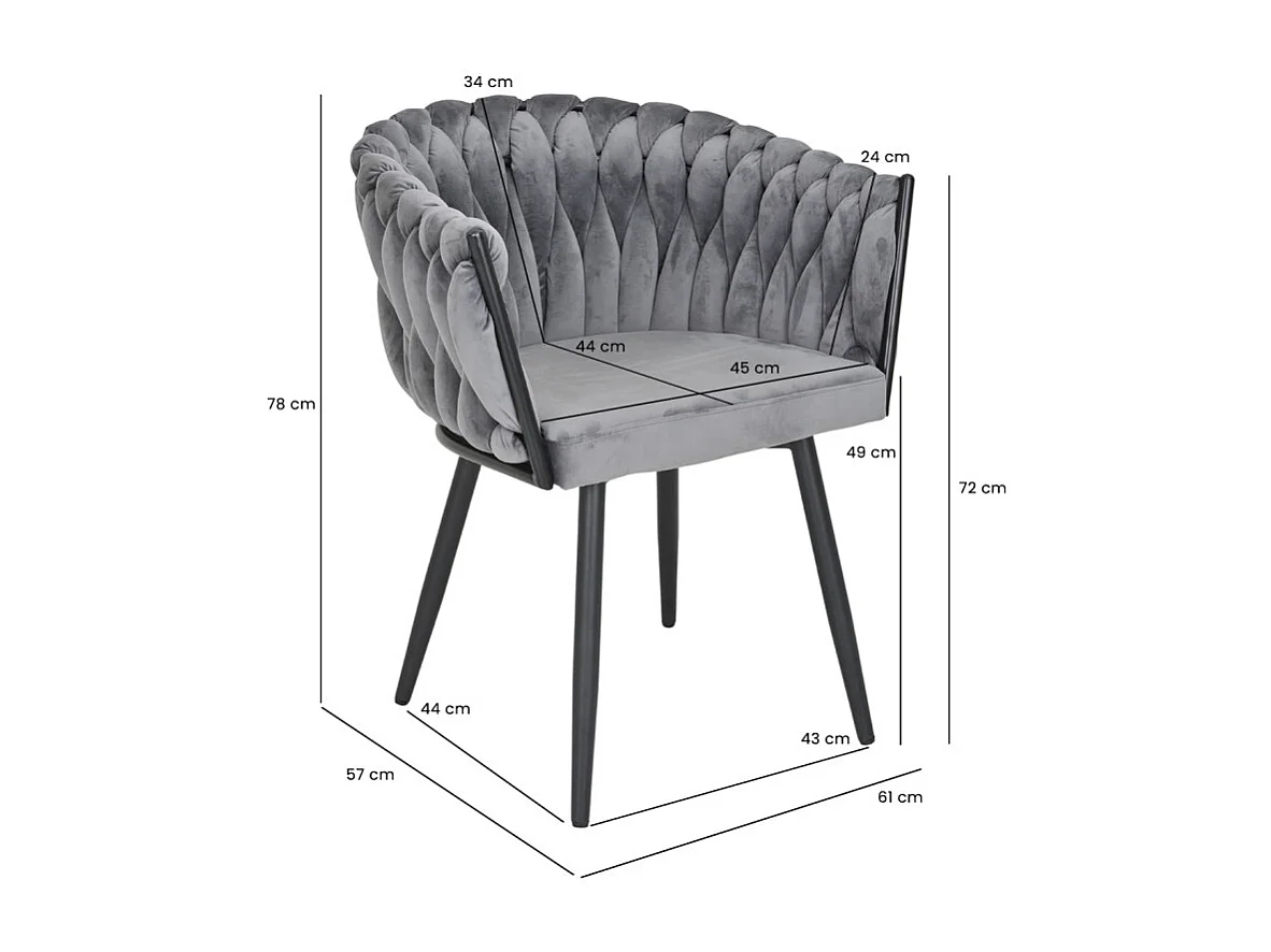Chaise en velours tressé doux gris anthracite et pieds métal - BOWI 2