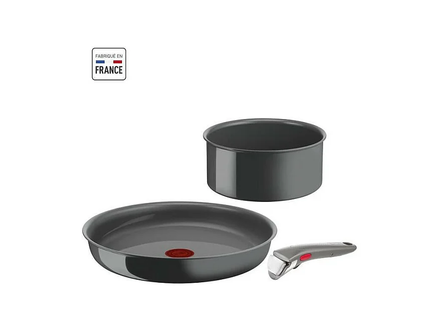 TEFAL INGENIO Lot de 3 pieces, Poele 28 cm, Casserole 18 cm, Poignée, Induction, Céramique, Fabriqué en France, Renew L260930