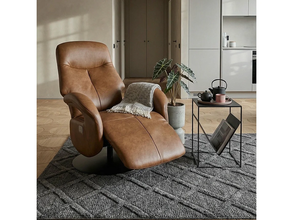 Fauteuil relax électrique Bull - Cuir et métal - Marron