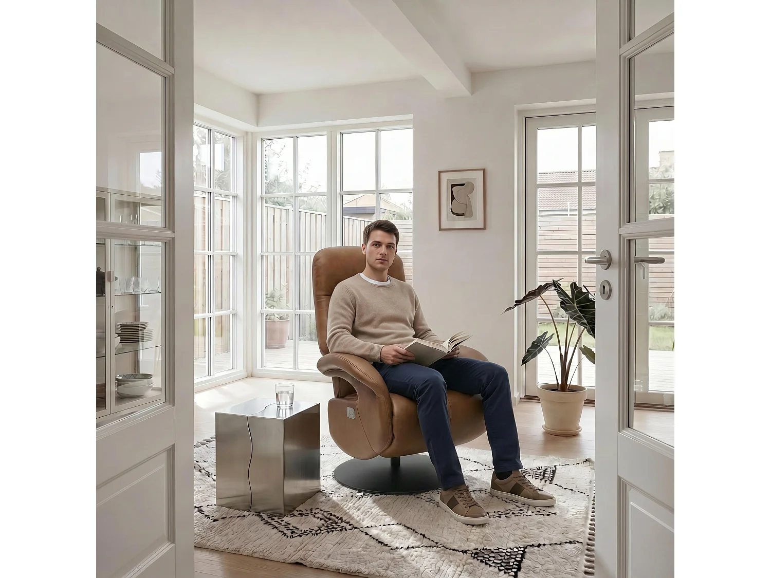 Fauteuil relax électrique Bull - Cuir et métal - Marron