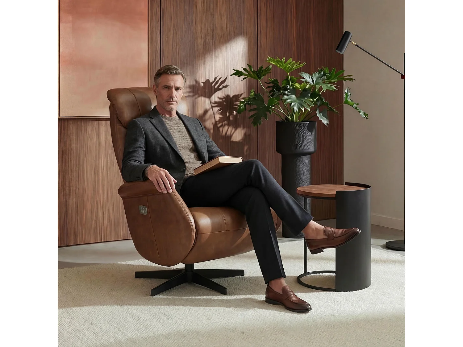 Fauteuil relax électrique Bonanza - Cuir et métal - Marron