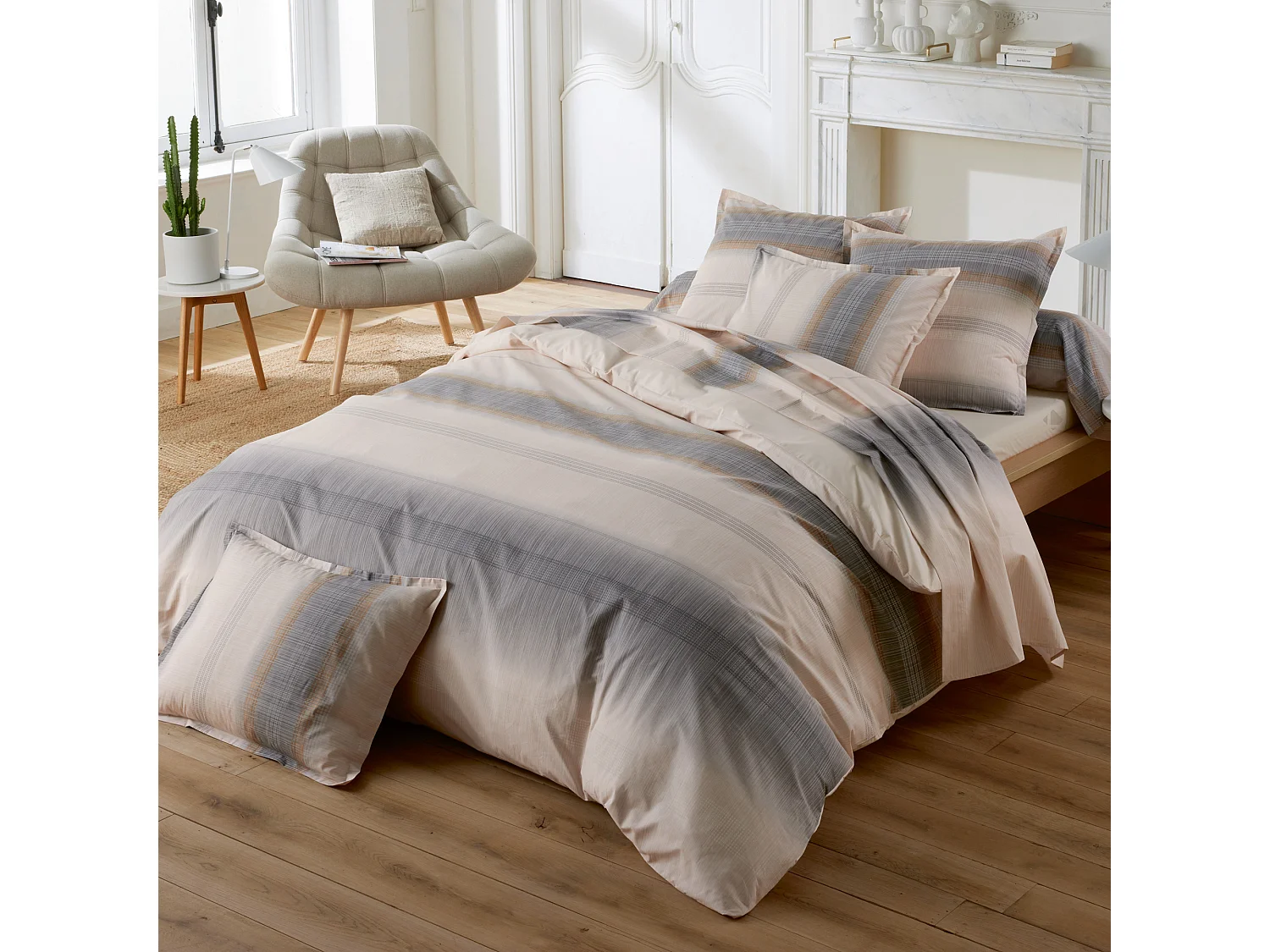 Parure de lit 200x200 cm 65x65 cm percale ESTEBAN beige 3 pièces