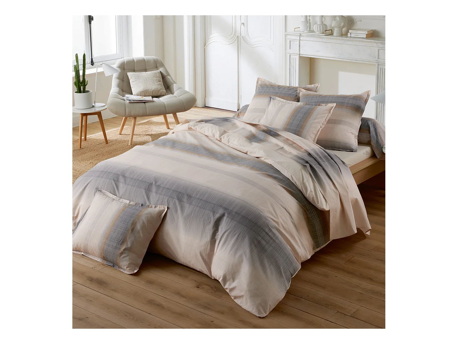 Parure de lit 280x240 cm 65x65 cm percale ESTEBAN beige 3 pièces