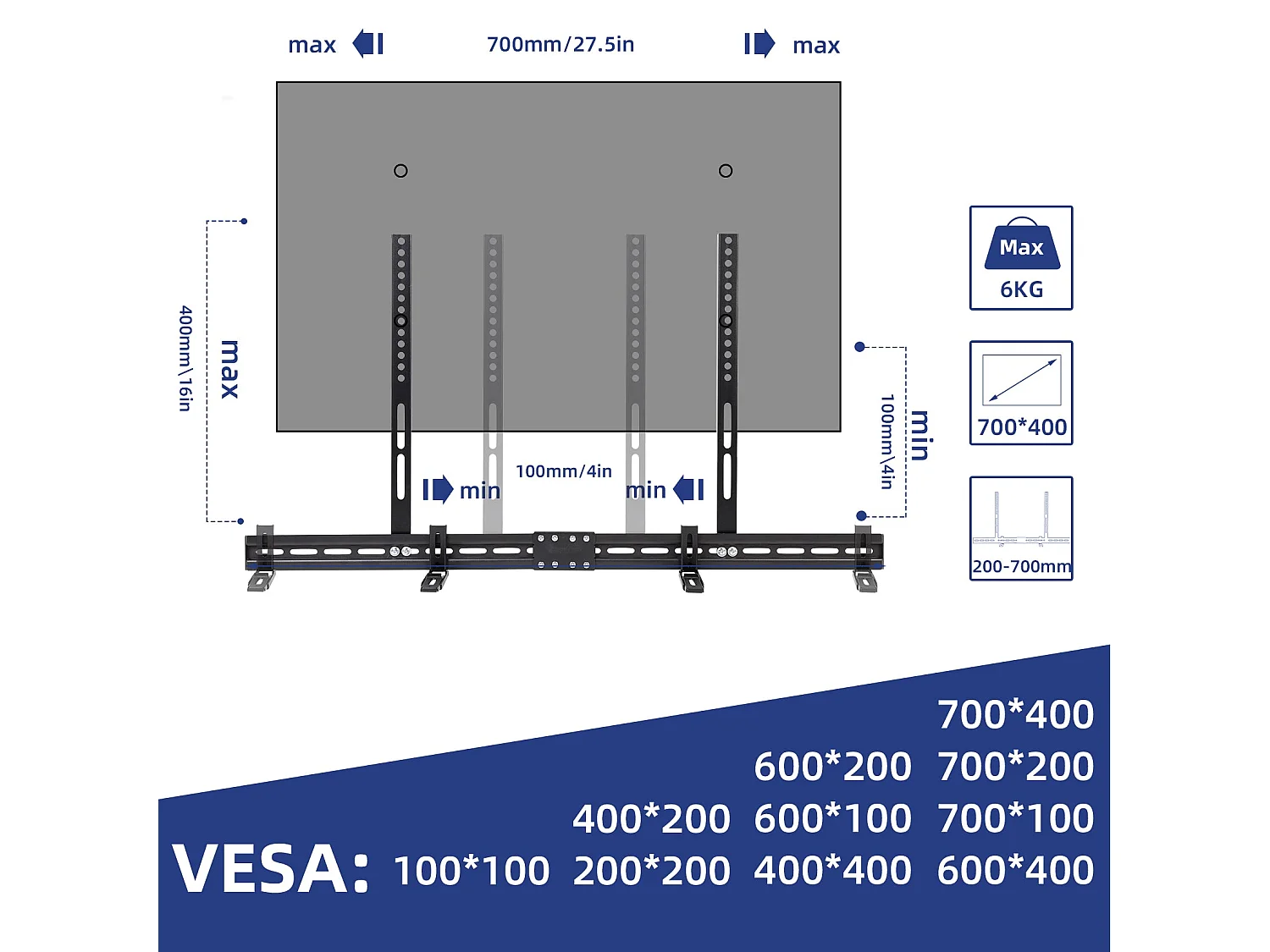 Mounting Dream Universel Support Barre de Son avec ou sans Trous Support de Base antidérapant étendu de 87.5 à 154 mm