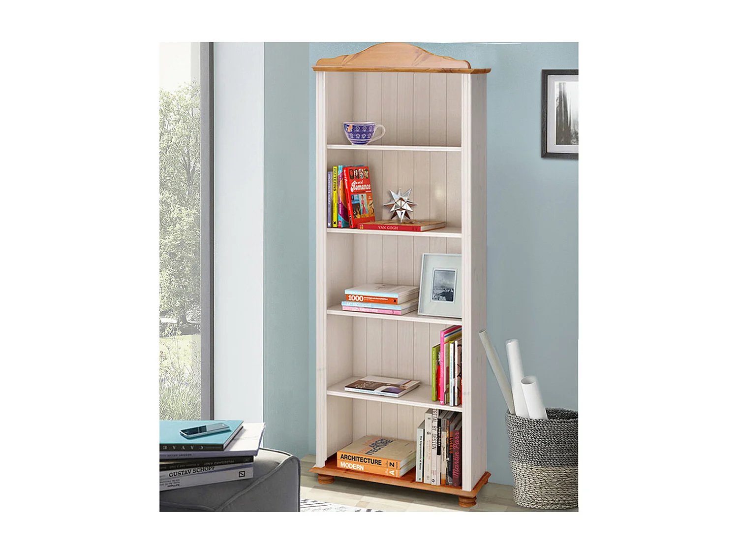 Mette | Bibliothèque avec 4 étagères en White / Honey Pine