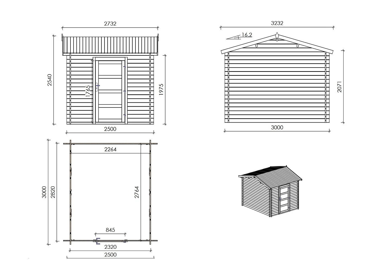 Abri de jardin en bois - 7.5m2 - 2.5x3m - Traité - Ep. 28mm - Couleur: marron - DOM675 - ALTANKA