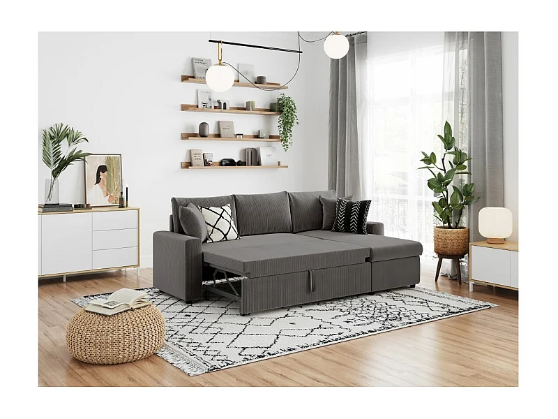 Canapé d'angle 3 places Maria réversible, convertible avec coffre en velours côtelé - Gris anthracite - L227 x P146 x H81cm - Loungitude