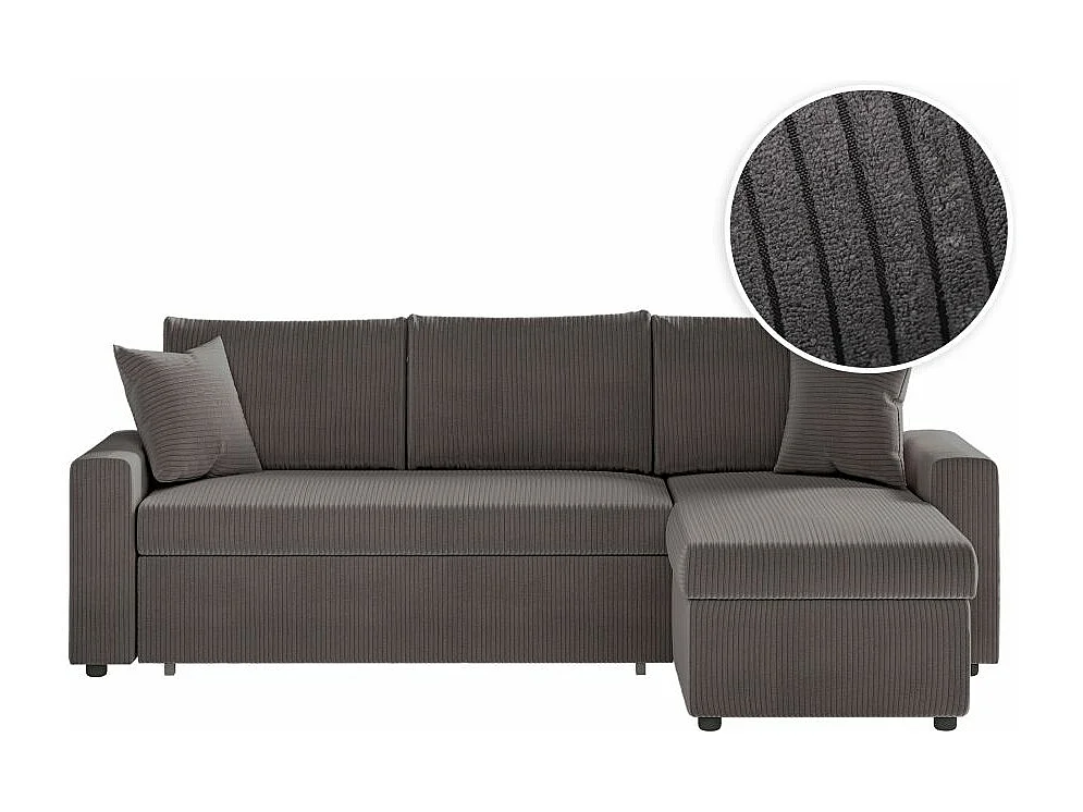 Canapé d'angle 3 places Maria réversible, convertible avec coffre en velours côtelé - Gris anthracite - L227 x P146 x H81cm - Loungitude