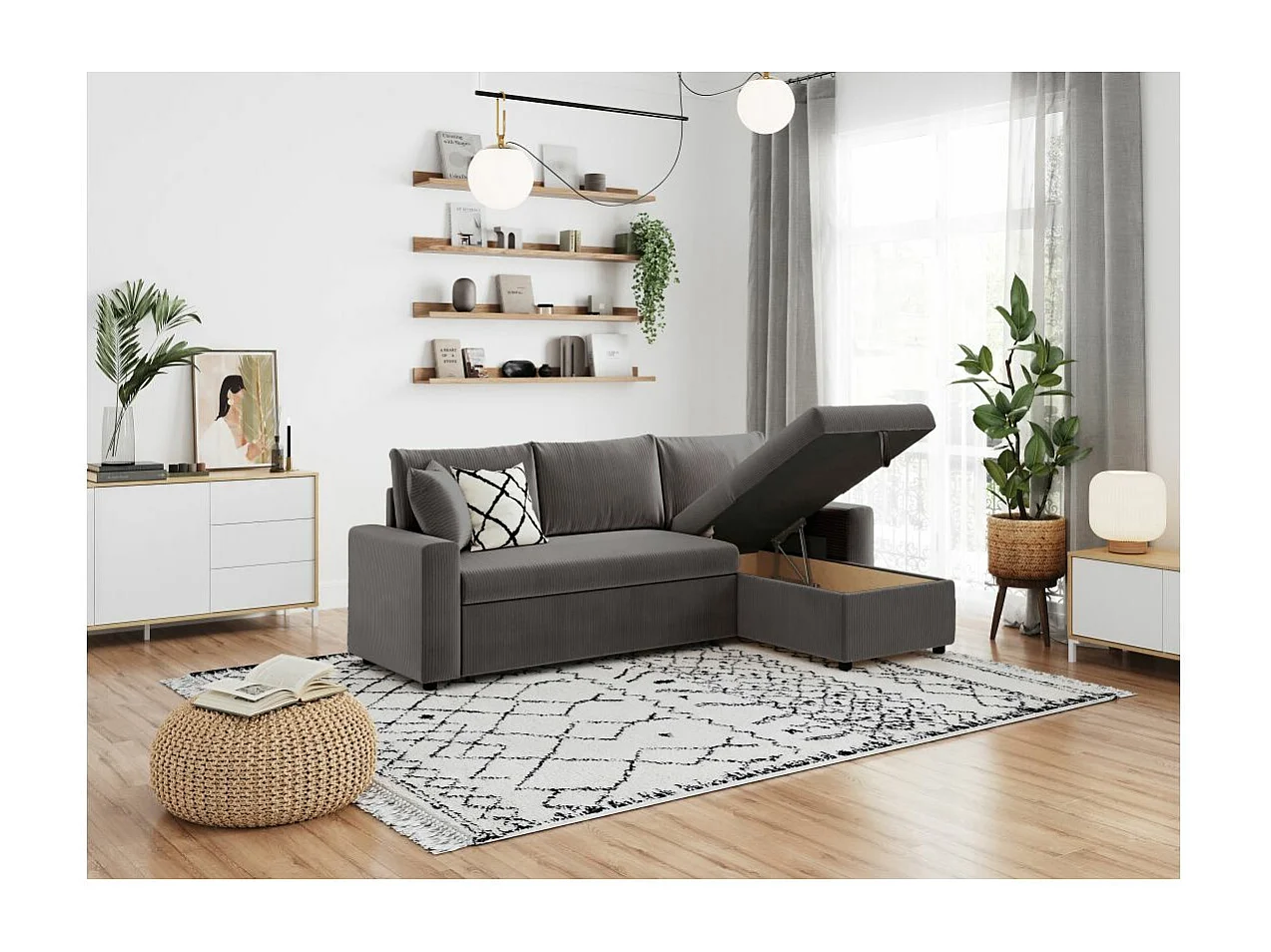 Canapé d'angle 3 places Maria réversible, convertible avec coffre en velours côtelé - Gris anthracite - L227 x P146 x H81cm - Loungitude