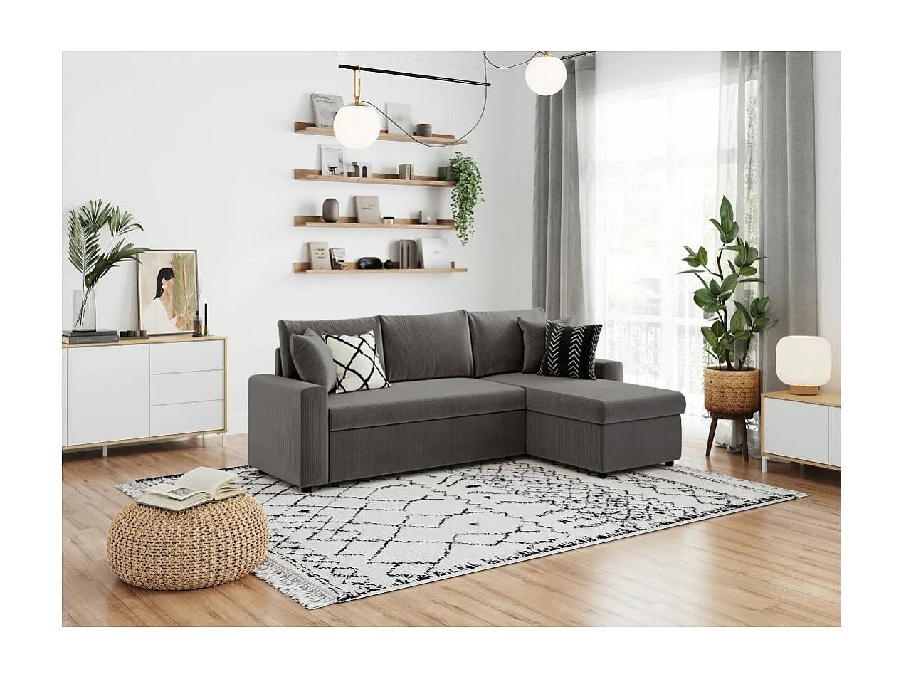 Canapé d'angle 3 places Maria réversible, convertible avec coffre en velours côtelé - Gris anthracite - L227 x P146 x H81cm - Loungitude