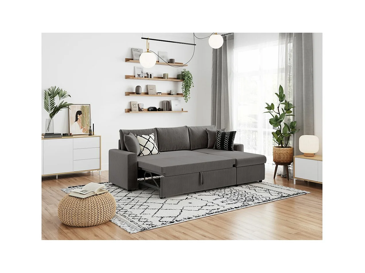 Canapé d'angle 3 places Maria réversible, convertible avec coffre en velours côtelé - Gris anthracite - L227 x P146 x H81cm - Loungitude