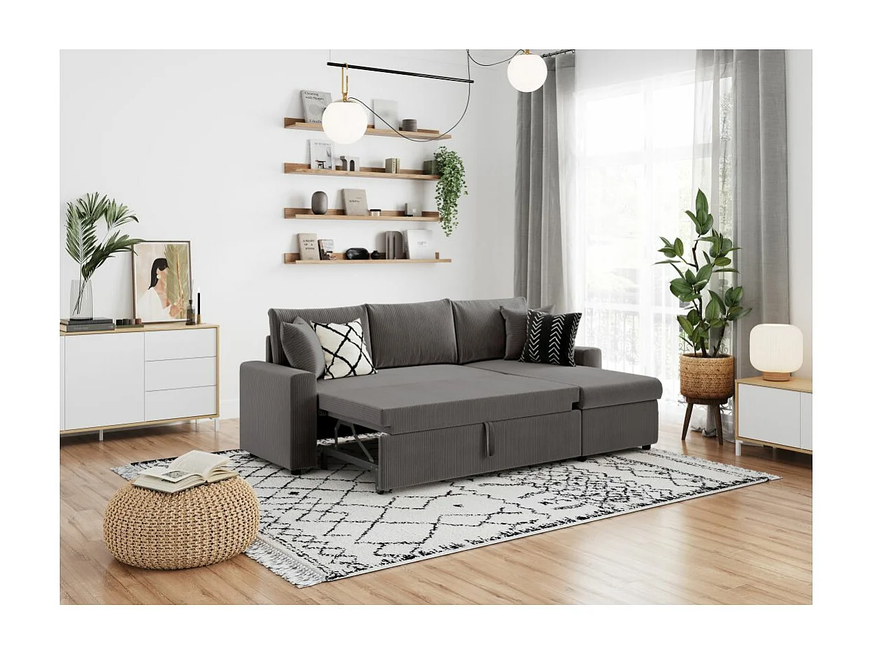 Canapé d'angle 3 places Maria réversible, convertible avec coffre en velours côtelé - Gris anthracite - L227 x P146 x H81cm - Loungitude