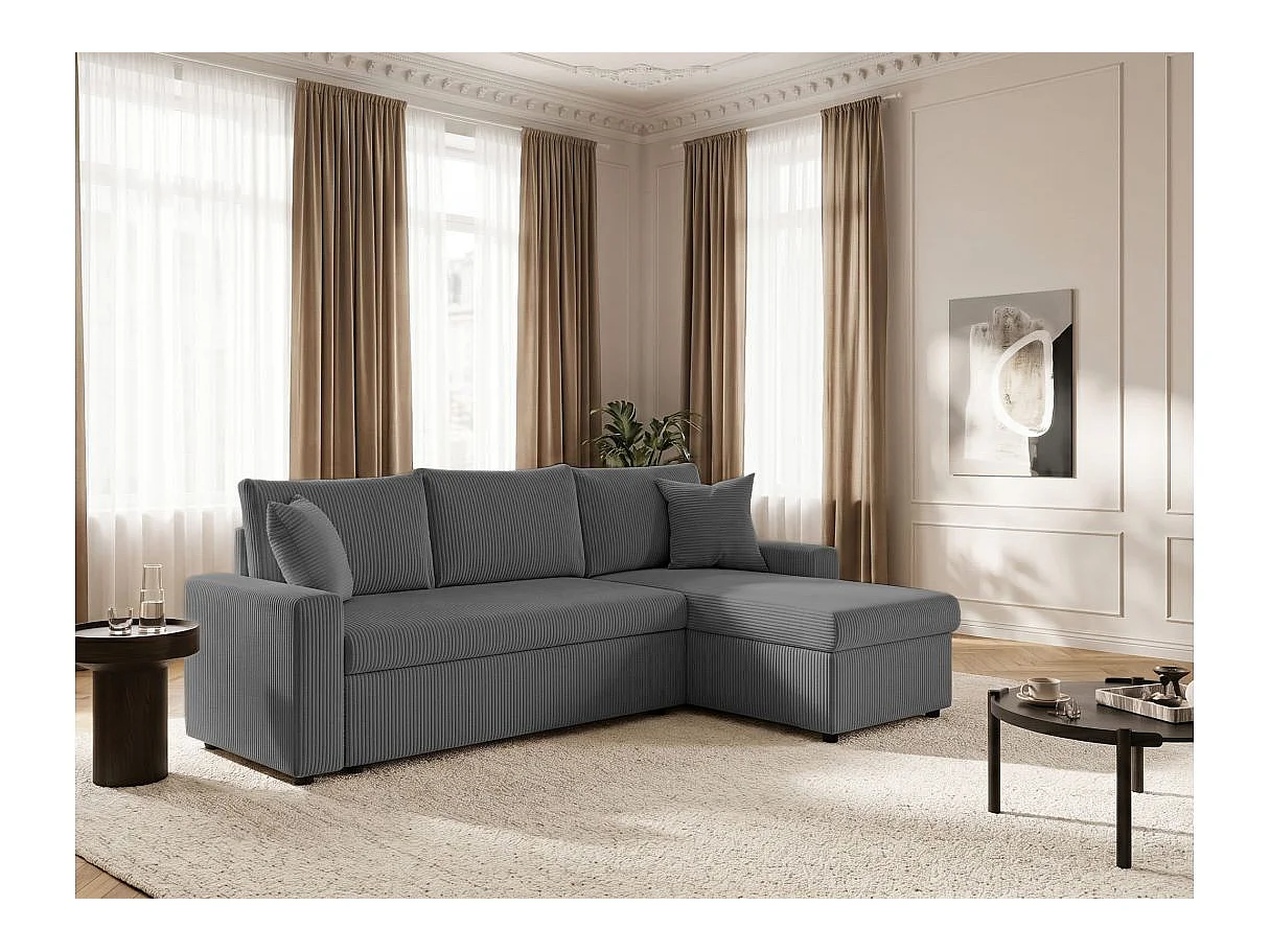 Canapé d'angle 3 places Maria réversible, convertible avec coffre en velours côtelé - Gris anthracite - L227 x P146 x H81cm - Loungitude