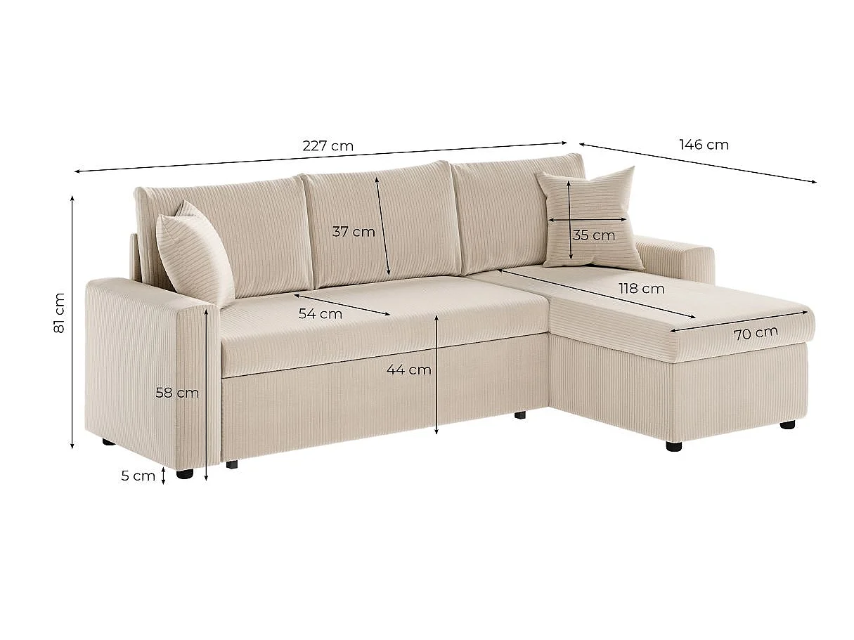 Canapé d'angle 3 places Maria réversible, convertible avec coffre en velours côtelé - Gris anthracite - L227 x P146 x H81cm - Loungitude